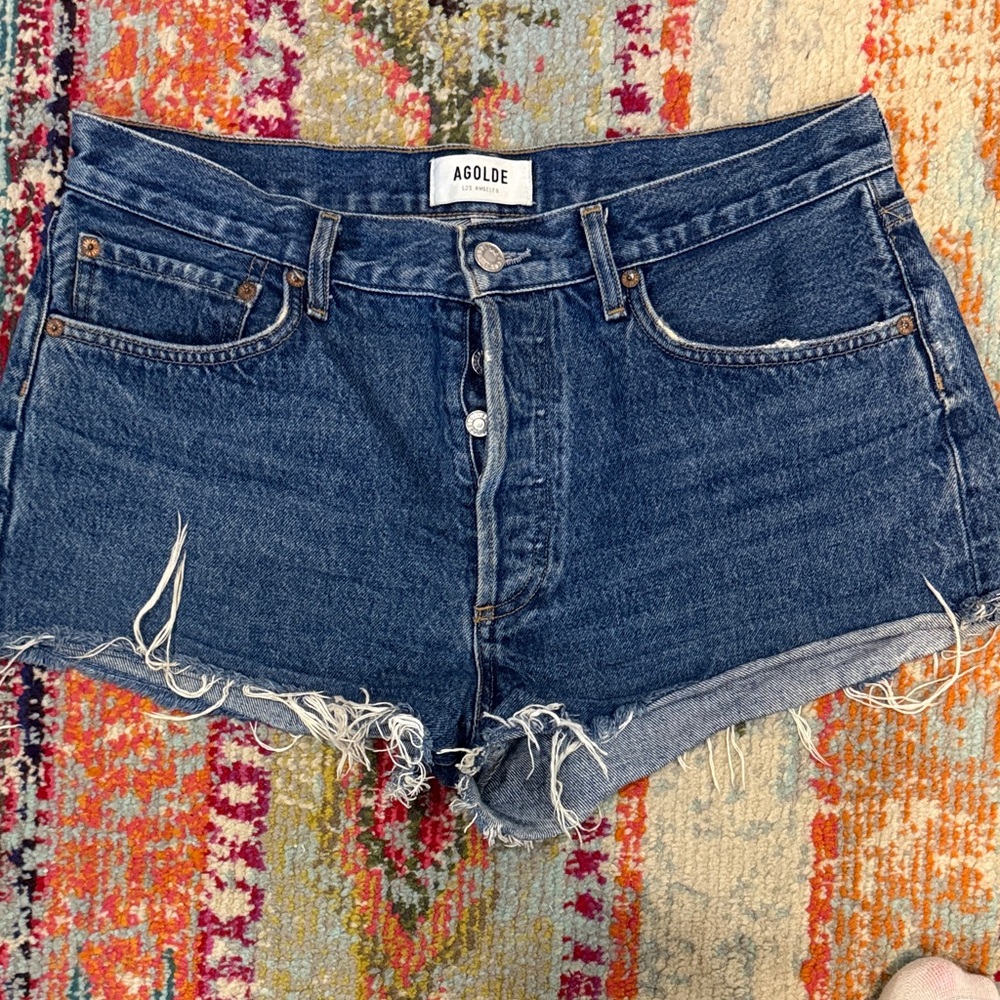 Agolde Dark Blue Distressed Jean Shorts